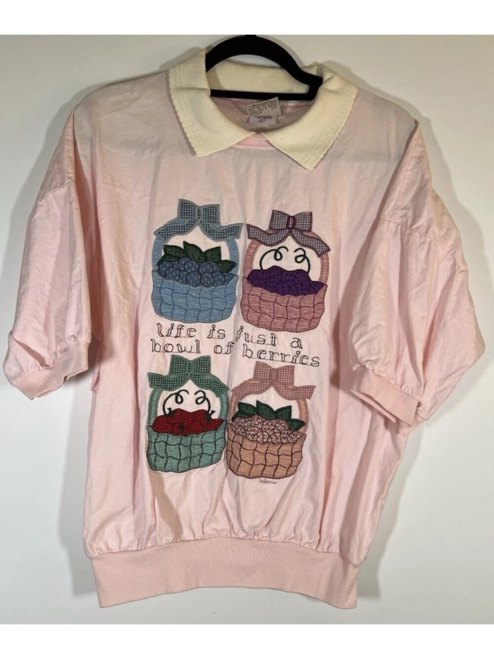 Vintage 90s Valorie's Folk Art pink embroidered "life is berries" shirt patch L